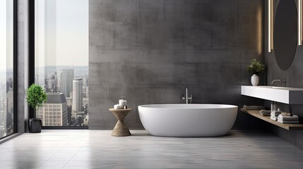 Stylish gray bathroom interior with concrete floor, window with city view, dark wall, big bathtub, and white sink with vertical mirror and wooden vanity. 3d rendering copy space