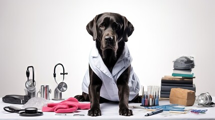 senior dog dressed up like a veterinarian isolated on white background - black labrador retriever