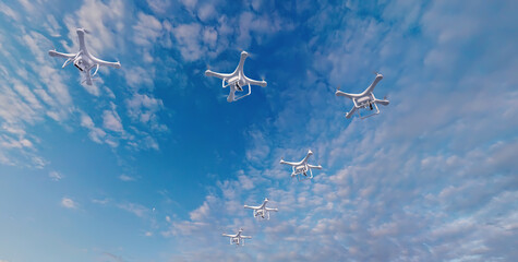 A group of drones forms a flock similar to a flock of migratory birds. This image can be used to represent the idea of drones working together in a coordinated manner. 3D Illustration.