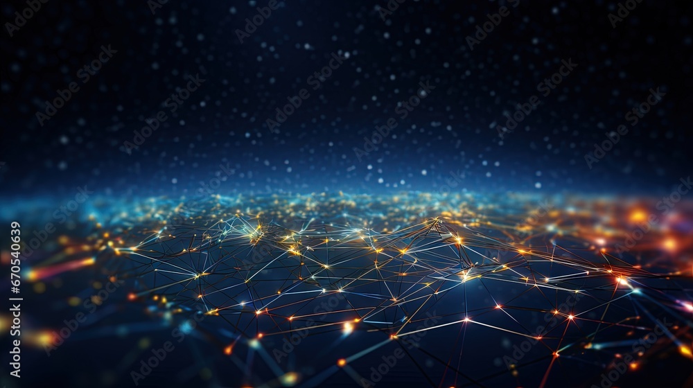 Aufkleber digital technology abstract concept Small particles connected in multicolored lines with a perspective view on dark blue background. Transmission of data in a fast internet network connection.