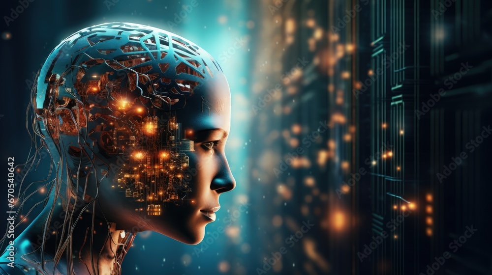 Poster artificial intelligence - human head with circuit board inside. technology and engineering concept