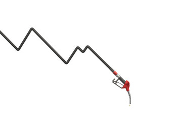 The hose and nozzle of the gas pump. The hose has the form of a graph with a tendency to fall, possibly representing a decrease in fuel consumption or prices. 3d illustration