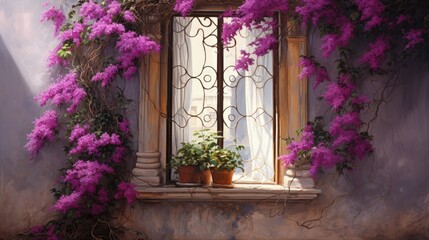 Fototapeta na wymiar Purple blooming bouganville near a traditional window