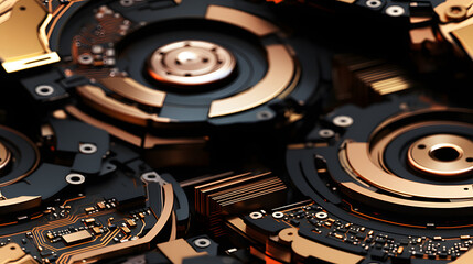 Deconstructed hard drive disks close-up pattern