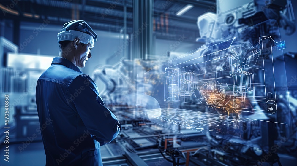 Aufkleber Manager engineer analyzing and control automation robot arms machine on software modern virtual interface data real time in intelligent factory industrial and digital manufacturing operation.