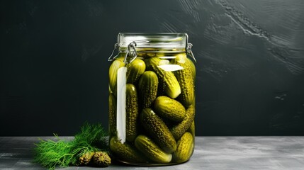 Pickled cucumbers for winter organic food. Jar of homemade gherkins, clean eating, vegan concept. Trendy hard light, dark shadow, grey concrete background, copy space - obrazy, fototapety, plakaty