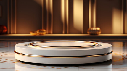 Obraz premium Minimal luxury white design Square box and cylinder circle with gold pedestal podium in white Marble background. concept display stage platform showcase, product, sale, banner, cosmetic. 3D render