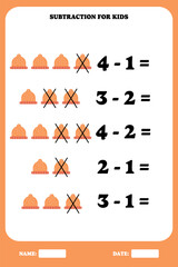Subtraction page for kids. Educational math game for children with hat. Printable worksheet design. Learning mathematic.