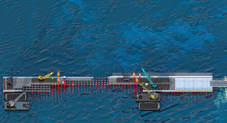 Berth construction. The scene of the construction of a berth with a root part, a pile foundation and equipment (floating and crawler crane, pontoon, drilling rig, vibration loader. 3d-rendering