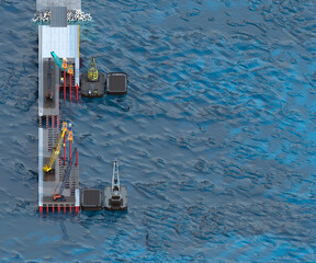 Berth construction. The scene of the construction of a berth with a root part, a pile foundation and equipment (floating and crawler crane, pontoon, drilling rig, vibration loader. 3d-rendering