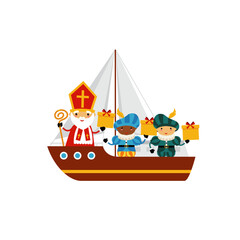 Sinterklaas with kids on steamboat - celebration Sinterklaas day - vector illustration