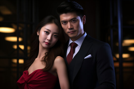 asian business couple wearing expensive dress and suit.