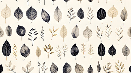 Monochrome ink imprints of forest leaves pattern - obrazy, fototapety, plakaty