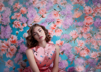 A woman portrait dressed in a floral pattern. Photoshoot light on aesthetic background spring wall painted with copy space.