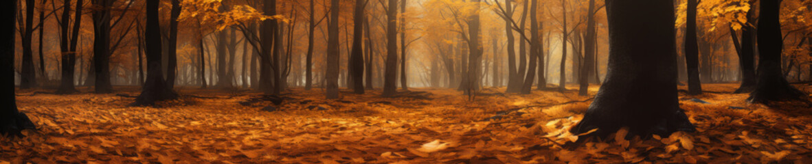 A forest in autumn. The tall trees are adorned with orange leaves, and the ground is covered in fallen leaves, banner, panorama, panoramic