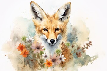 Obraz premium Portrait of a red fox with big ears on a background of flowers