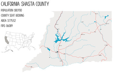 Large and detailed map of Shasta County in California, USA.