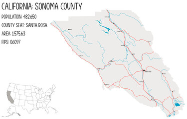 Large and detailed map of Sonoma County in California, USA.