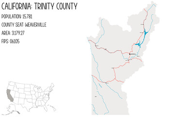 Large and detailed map of Trinity County in California, USA.