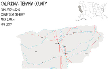 Large and detailed map of Tehama County in California, USA.