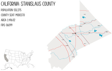 Large and detailed map of Stanislaus County in California, USA.