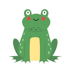 Cute green frog in cartoon style. Smiling toad isolated on white background. Funny character for kids design. Vector illustration