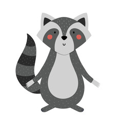 Cute raccoon animal in cartoon style. Forest character for kids design. Woodland mammal isolated on white background. Vector illustration