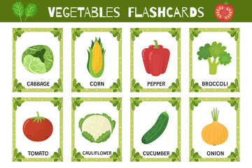 Vegetables flashcards set. Flash cards collection for practicing reading skills. Learn food vocabulary for school and preschool. Corn, pepper, cabbage and more. Vector illustration