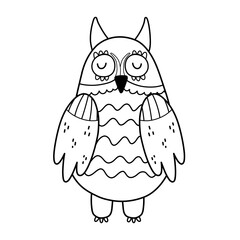 Cute owl black and white character. Funny bird in outline. Doodle owl print for kids and nursery design. Vector illustration