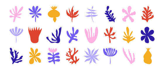 Abstract organic shapes. Contemporary leaves algae flowers plants Matisse inspired decoration, floral stickers. Vector set