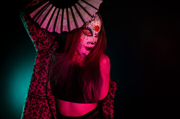 A mysterious woman with a lace fan, cloaked in leopard print, stands amidst a haze of purple neon,...