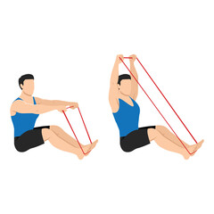 Man doing banded or resistance band seated overhead pull exercise. Flat vector illustration isolated on white background - obrazy, fototapety, plakaty