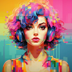 Fototapeta premium An 80s Style Pixelated Portrait of a Woman Wearing Headphones