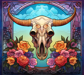 Western Cow Skull and Flowers Illustration Background