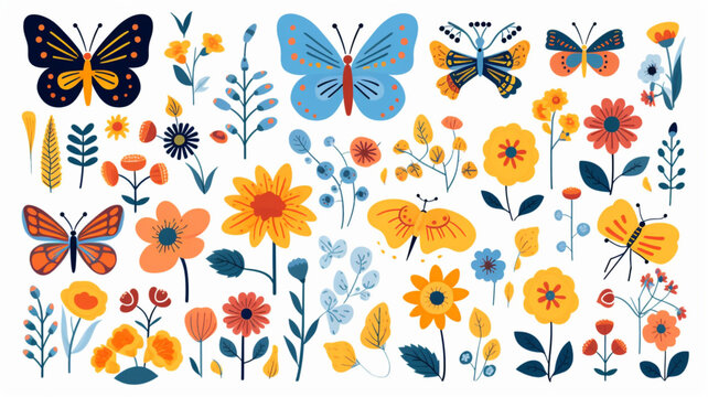 Set of Stickers Cute Cartoon Butterfly Flowers Daisies Generative AI