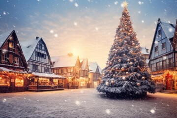 A snowy village square with a large decorated Christmas tree at its center - obrazy, fototapety, plakaty
