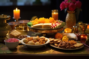 Fototapeta premium A table spread with festive treats for a Diwali celebration.