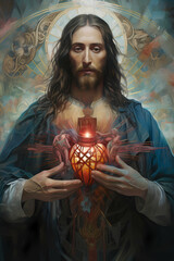 Jesus holding sacred heart glowing red and yellow in blue and gold robe