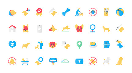 Fototapeta premium Pet food in bowl and toys, puppy paw and doghouse, service and assistance for dogs of different breeds and owners. Dog care, training, veterinary flat icons set vector illustration.