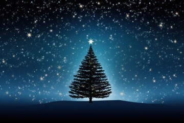 Christmas tree silhouette against a starry night sky.