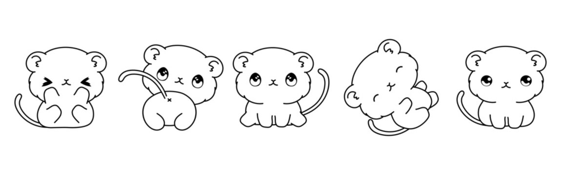 Set of Kawaii Isolated Gerbil Coloring Page. Collection of Cute Vector Cartoon Baby Pet Outline for Stickers, Baby Shower, Coloring Book, Prints for Clothes