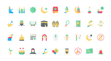 Islam flat icons set vector illustration. Muslim religion and worship symbols, Saudi man and woman in hijab, mosque and Quran, religious calendar of holidays for prayers and charity.