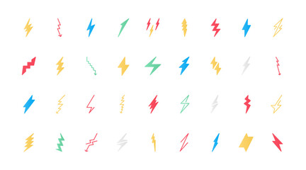 Fototapeta na wymiar Lightning bolts flat icons set vector illustration. Symbols of electric energy and power, electricity danger with different thunderbolts, simple web signs and arrows of zigzag shape.