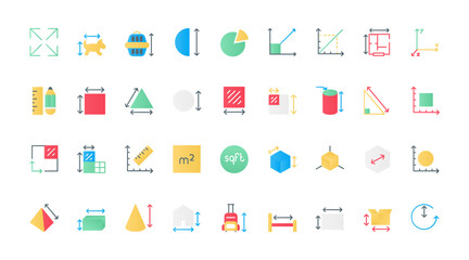 Dimension, area, and measure flat icons set vector illustration. Infographic pictograms of length, height, and width measurement, circular and straight lines with arrows and scales.