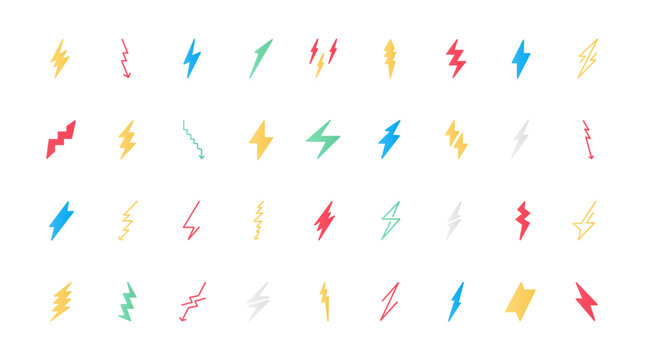 Lightning bolts flat icons set vector illustration. Symbols of electric energy and power, electricity danger with different thunderbolts, simple web signs and arrows of zigzag shape.