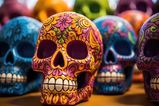 Intricately designed sugar skulls displayed for Day of the Dead.