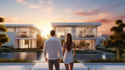 Back view of young couple standing in front of their new modern luxury villa. Real estate business concept created with Generative AI - obrazy, fototapety, plakaty