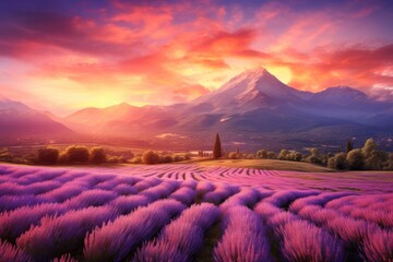 Lush lavender field under a pastel sunset with a distant mountain range.
