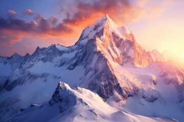 Majestic snow-covered mountains during sunrise with alpenglow - obrazy, fototapety, plakaty