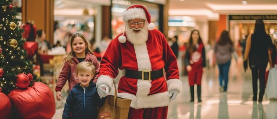 santa claus shopping with childrens carrying red big bag in mall